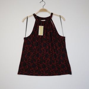 Michael Kors Women's Spaghetti Straps Elastic Neck Floral Top Black/Red Size‎ S